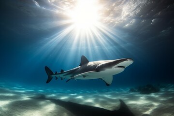Fototapeta premium Big shark underwater sunny. Generate Ai