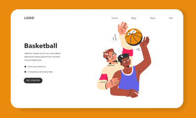 Basketball game web banner or landing page. Team players during the game