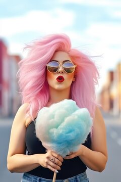 Young woman with pink colored hair walking on the street eating cotton candy. Generative AI