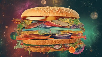 euphoria dreamy aura atmosphere, collage illustration style of dreamy yummy burger in heavenly funky atmosphere, happy meal food heaven, Generative Ai