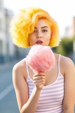 Young hispter woman with yellow colored hair walking on the street eating cotton candy. Generative AI