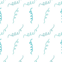 Multicolored falling confetti on a white background, seamless carnival pattern. Turquoise ribbons. For the design of the children's room, wallpaper, textiles, fabric.