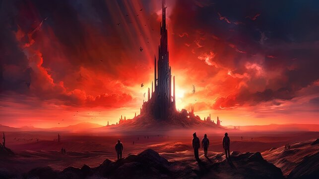A desolate wasteland, with cracked earth and a blood-red sky generative ai