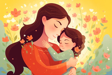 Illustration for Mother's Day. Mother and child surrounded by flowers. Generative AI.