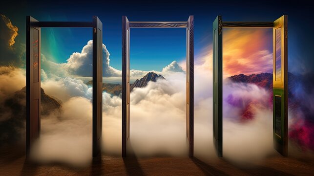 Portals New Worlds, a surrealistic approach with colorful and abstract imagery generative ai