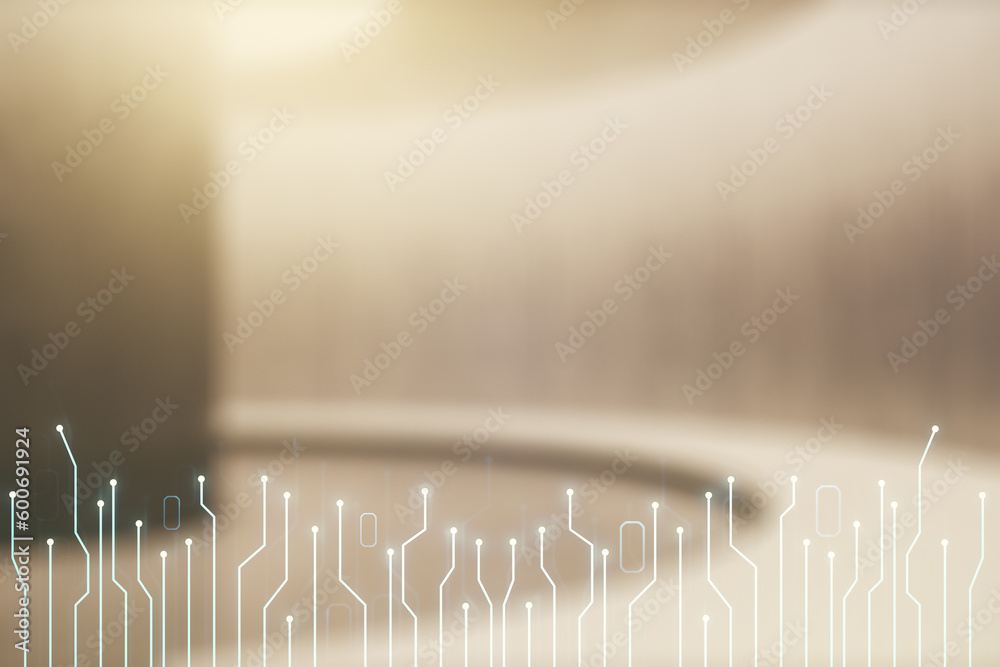 Aufkleber abstract virtual micro circuit sketch on empty room interior background, future technology and ai co