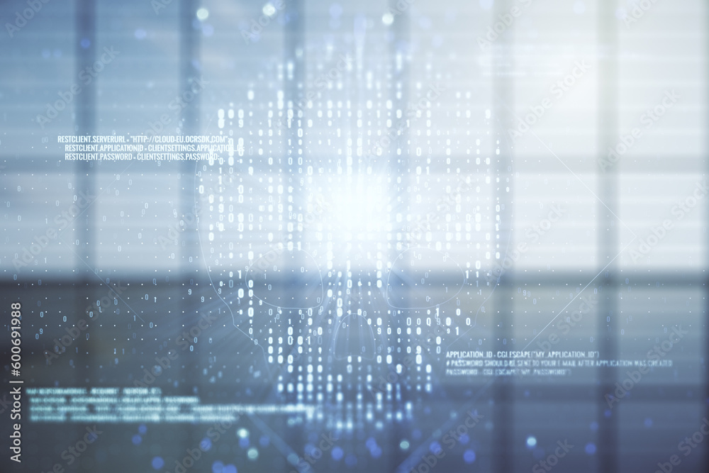Poster abstract virtual code skull hologram on modern interior background, cybercrime and hacking concept. 