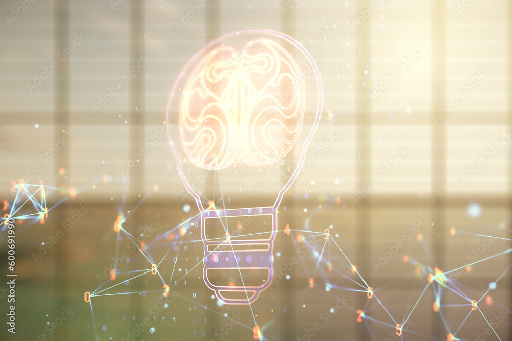 Aufkleber Abstract virtual idea concept with light bulb and human brain illustration on empty corporate office background. Neural networks and machine learning concept. Multiexposure