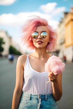 Young hispter woman with pink colored hair walking on the street eating cotton candy. Generative AI