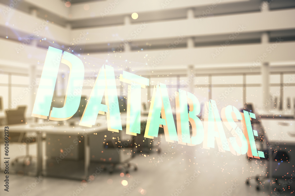 Poster double exposure of database word sign on a modern furnished office background, global research and a