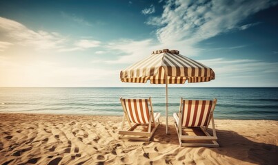 Vacation holidays background wallpaper, two beach lounge chairs under tent on beach, generative AI