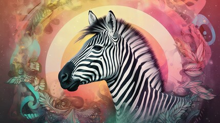 euphoria dreamy aura atmosphere, collage illustration style, close up portrait zebra with copy space, Generative Ai