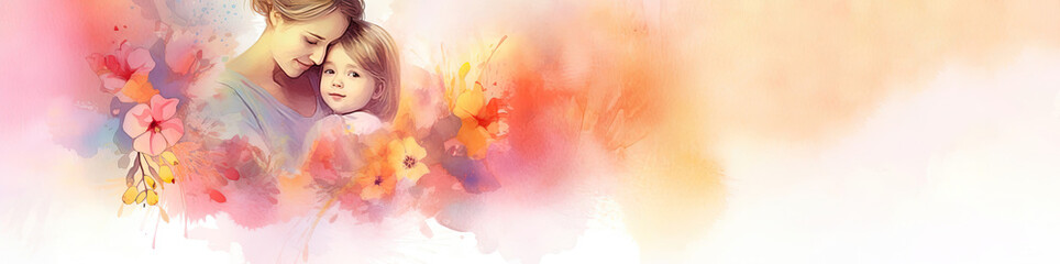 Illustration of mother with her child, flower in the background. Watercolor.. Concept of mothers day, mothers love, relationships between mother and child. Created with Generative AI technology