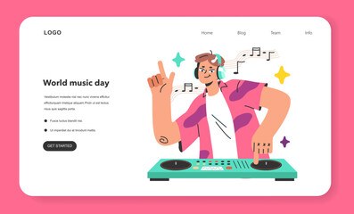 DJing web banner or landing page. Young male character standing