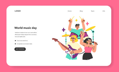 Musicians performing a concert web banner or landing page. Band playing
