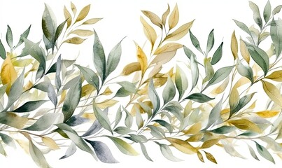 Fototapeta na wymiar Watercolor seamless border, illustration with green gold leaves and branches, generative AI