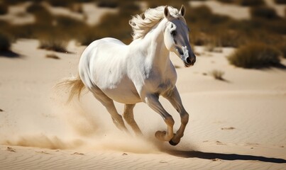 Obraz na płótnie Canvas White horse run gallop in desert, generative AI