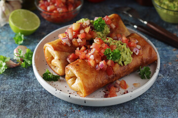 A typical dish of Mexican cuisine - Chimichanga, made of tortilla with different ingredients - obrazy, fototapety, plakaty