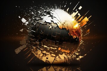 Golden disco mirror ball spinning and breaking into fragments. motion