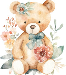 Teddy bear with flowers illustration created with Generative AI technology