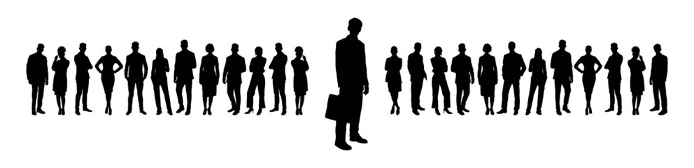Confident businessman holding briefcase standing foreground on his business team flat black silhouette.