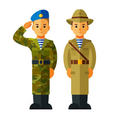 Set of soldiers. Young men in military uniform: soldier and paratrooper. Military in flat style. Army in cartoon style. Isolated vector illustration.
