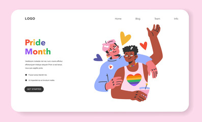 Cheerful characters, couple celebrate pride month web banner
