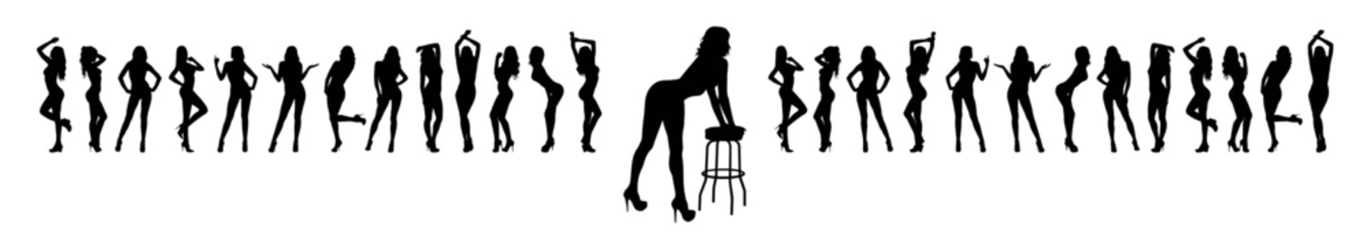 Sexy woman posing with bar chair in front of group of women models vector silhouette.