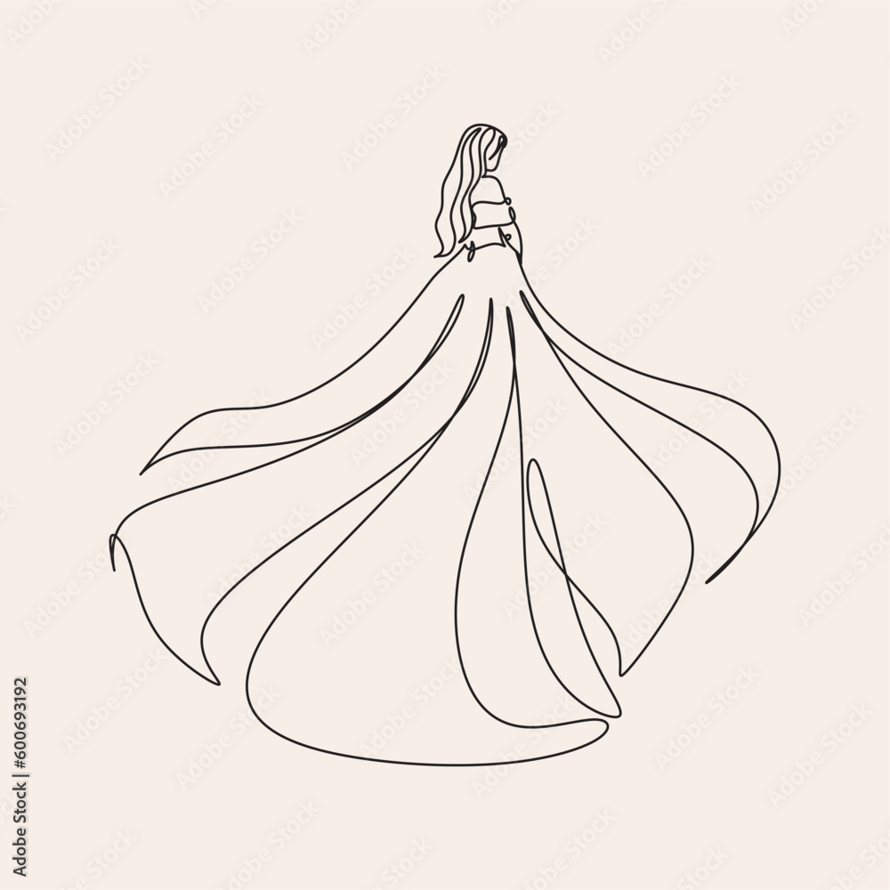 Wall mural vector illustration of a bride in wedding dress and a veil minimalist line art