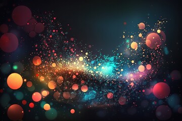 Magical neon background with bokeh and tiny particles, explosion and swirl of sparkles and confetti.