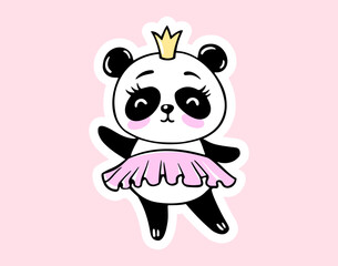 Vector Panda Princess with Crown and Pink Dress. Cute Baby Animals Illustration. Kawaii Kids Print