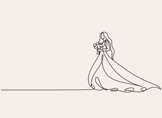 Vector illustration of a bride in wedding dress and a veil minimalist line art