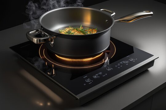 Modern kitchen appliance, Induction stove with steel frying pan