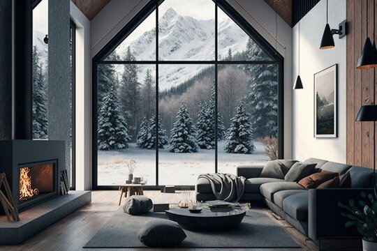 Modern living room with fireplace, forest challet interior in Winter, snowy mountain view out of windows