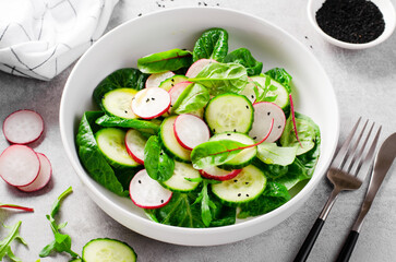Fresh Salad with Radish, Cucumber and Lettuce on Bright Background, Healthy Vegetarian Food
