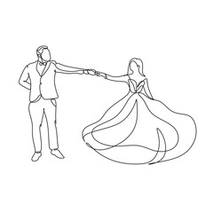 Line art drawing wedding couple married man and woman dancing on the floor at party park. Romantic young man and woman holding hands and spinning around. Continuous line draw design graphic vector