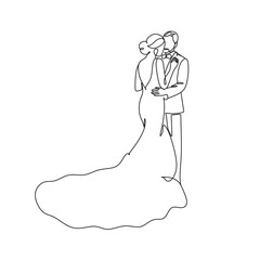 Single one line drawing happy cute married man and woman dancing on the floor at party park. Romantic young wedding couple holding hands and spinning around. Continuous line draw design graphic vector