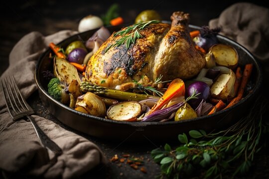 Roasted chicken with assortment of vegetables. Oven - baked chicken. Rustic food. Home made food.