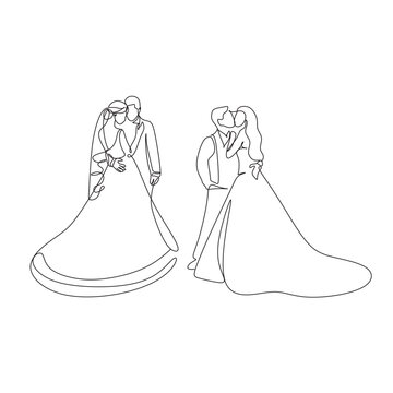 Line art drawing wedding couple married man and woman dancing on the floor at party park. Romantic young man and woman holding hands and spinning around. Continuous line draw design graphic vector
