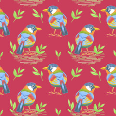 Seamless pattern of birds drawn by colored pencils. On a Viva Magenta background. For fabric, sketchbook, wallpaper, wrapping paper.