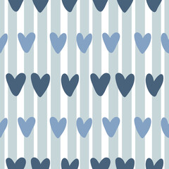 Repeating hearts on a striped background. Romantic seamless blue background. Printing for printing, T-shirts and textiles. Wrapping paper.