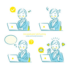 ノートパソコンを使って就職活動を頑張る女性　シンプルでお洒落な線画イラスト