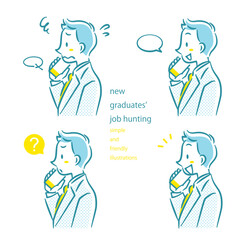 スマホで通話をする就活中の男性のイラストセット　シンプルでお洒落な線画イラスト