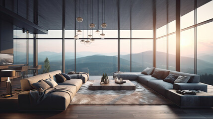 Fototapeta premium Modern luxury spacious penthouse living room interior design with comfortable sofa, coffee table, TV cabinet, TV on the wall and large glass window with mountain view