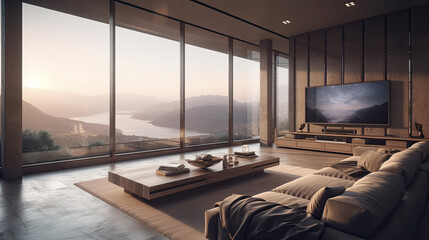 Modern luxury spacious penthouse living room interior design with comfortable sofa, coffee table, TV cabinet, TV on the wall and large glass window with mountain view