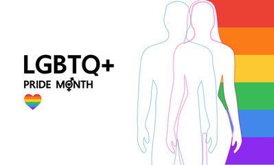 LGBT+ Pride Month. Lesbian Gay Bisexual Transgender. Celebrated annual. LGBT flag. Rainbow love concept. Human rights and tolerance. Poster, card, banner and background.