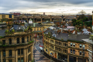 An aerial view cityscape of Newcastle Upon Tyne, England, UK