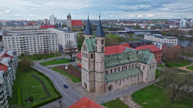 Drone shot of Kloster church (Klosterkirche) near Kunstmuseum Magdeburg - Kloster Unser Lieben Frauen (Kunstmuseum Magdeburg - Monastery Of Our Lady) Magdeburg, Germany