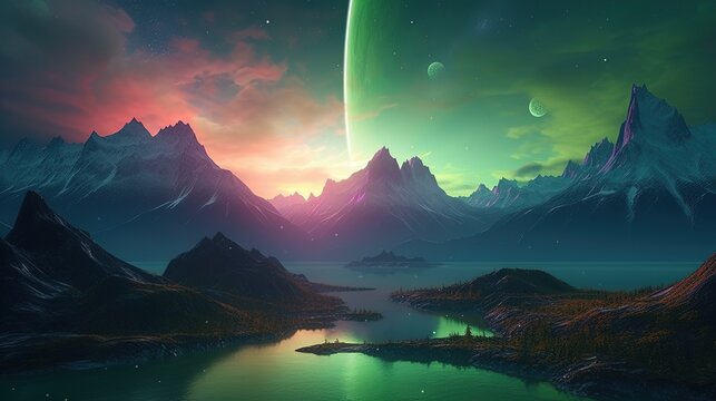 A planet covered in dense forests with multiple rivers and lakes generative ai