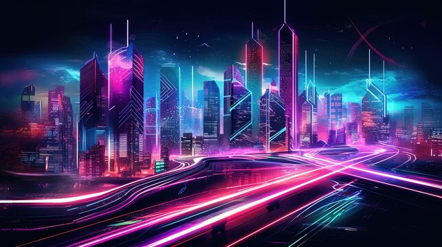 A sleek and modern futuristic neon cityscape with minimalist and clean-lined architecture generative ai